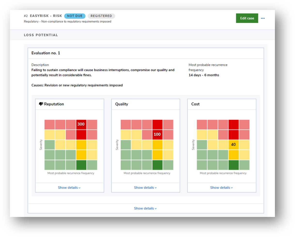 DNV Synergi Life risk evaluation with reputation, quality and cost matrices