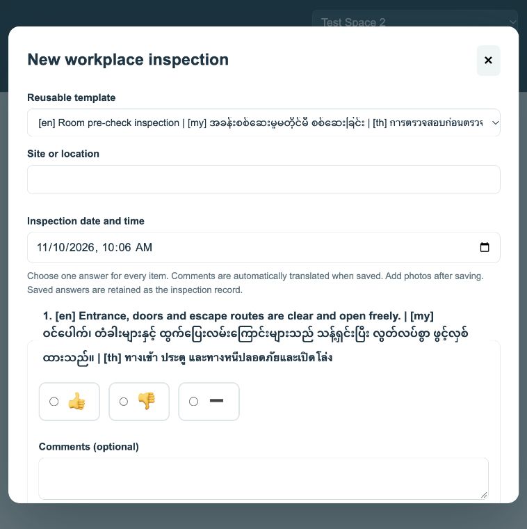 SafeMe inspections screen in a demonstration workspace