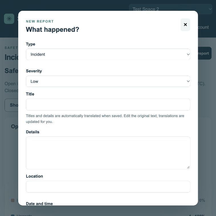 SafeMe report screen in a demonstration workspace